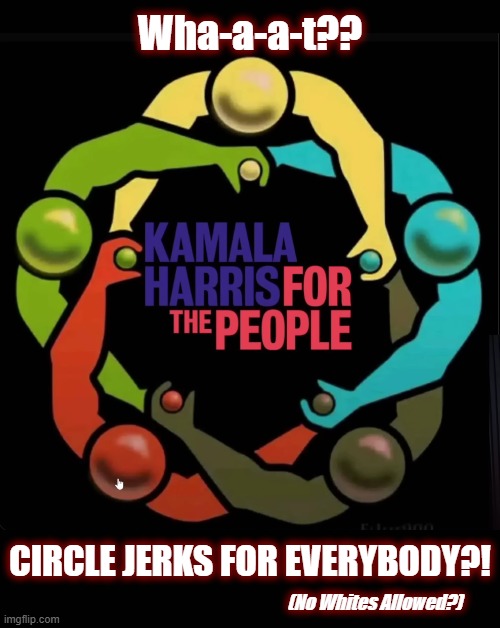 Unbelievable... | Wha-a-a-t?? CIRCLE JERKS FOR EVERYBODY?! (No Whites Allowed?) | image tagged in politics,american politics,dnc,diversity,kamala harris | made w/ Imgflip meme maker
