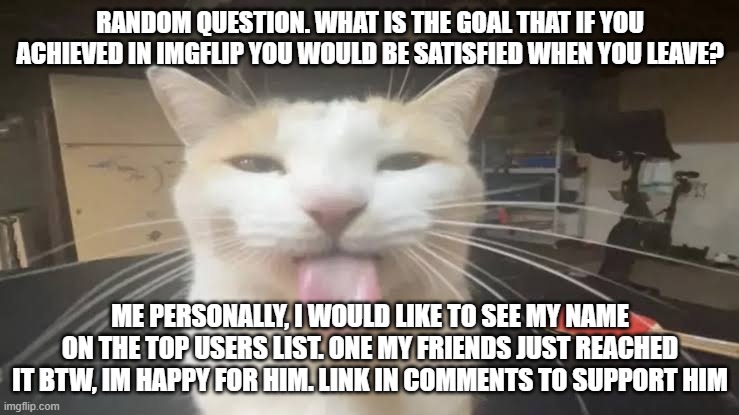 Milly the silly cat Bleh Cat | RANDOM QUESTION. WHAT IS THE GOAL THAT IF YOU ACHIEVED IN IMGFLIP YOU WOULD BE SATISFIED WHEN YOU LEAVE? ME PERSONALLY, I WOULD LIKE TO SEE MY NAME ON THE TOP USERS LIST. ONE MY FRIENDS JUST REACHED IT BTW, IM HAPPY FOR HIM. LINK IN COMMENTS TO SUPPORT HIM | image tagged in milly the silly cat bleh cat,sans of topic | made w/ Imgflip meme maker