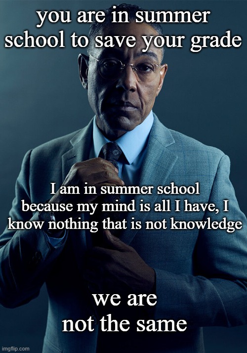 we are not the same | you are in summer school to save your grade; I am in summer school because my mind is all I have, I know nothing that is not knowledge; we are not the same | image tagged in gus fring we are not the same | made w/ Imgflip meme maker