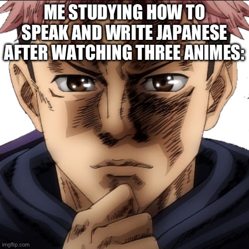 Who’s gunna stop me tho? | ME STUDYING HOW TO SPEAK AND WRITE JAPANESE AFTER WATCHING THREE ANIMES: | image tagged in itadori yuuji i see i don't get it | made w/ Imgflip meme maker