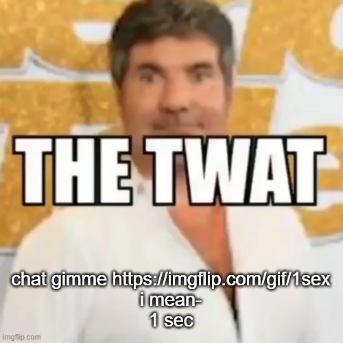real | chat gimme https://imgflip.com/gif/1sex
i mean-
1 sec | image tagged in the twat | made w/ Imgflip meme maker