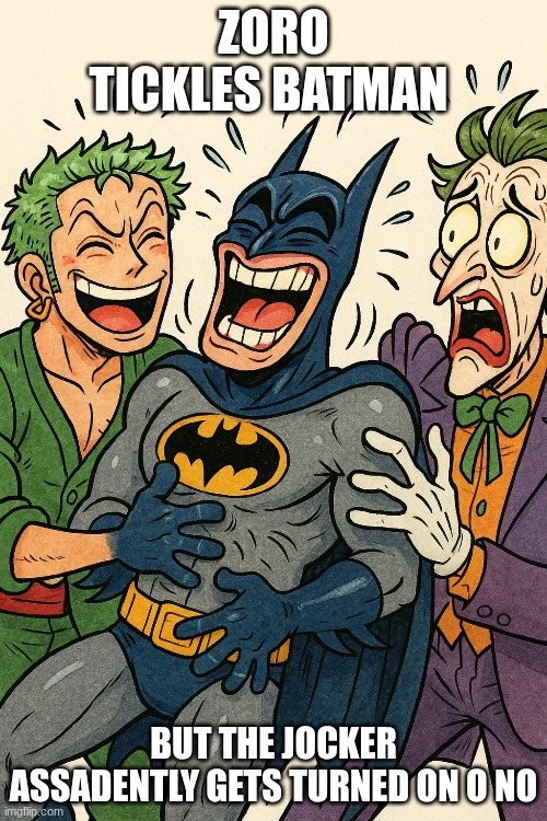 tickel | ZORO TICKLES BATMAN; BUT THE JOCKER ASSADENTLY GETS TURNED ON O NO | made w/ Imgflip meme maker