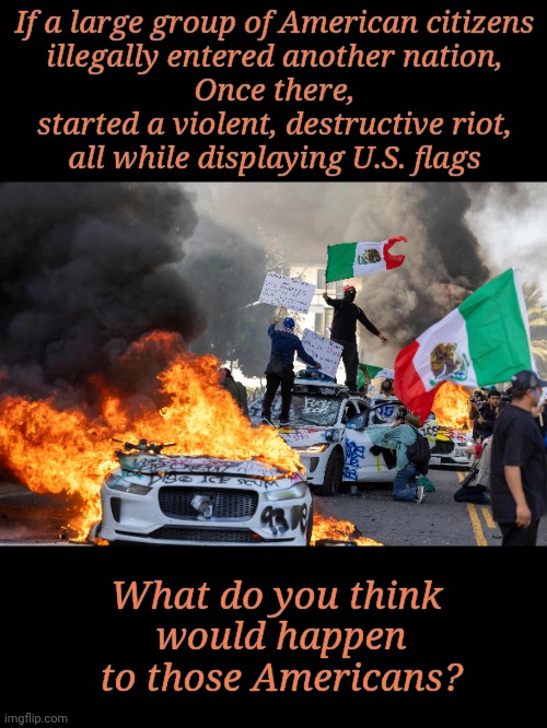 Imagine Americans doing this in a foreign land | If a large group of American citizens
illegally entered another nation,
Once there,
started a violent, destructive riot,
all while displaying U.S. flags; What do you think 
would happen
 to those Americans? | image tagged in la riot 2025,flags,rule of law,memes,trojan horse,fun with flags | made w/ Imgflip meme maker