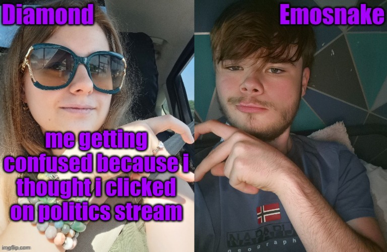 Diamond and ES shared couple temp | me getting confused because i thought i clicked on politics stream | image tagged in diamond and es shared couple temp | made w/ Imgflip meme maker