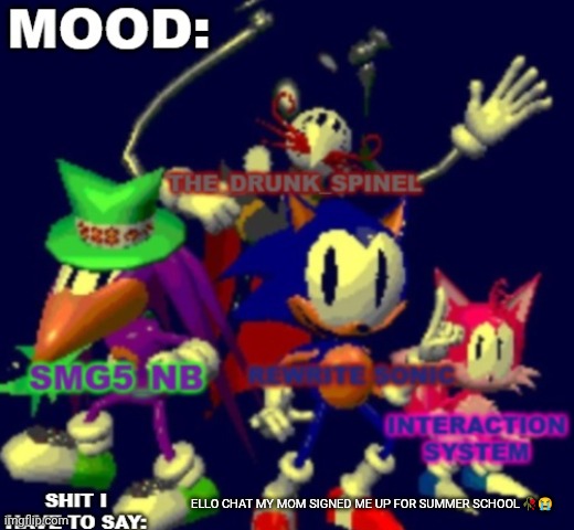 RewriteSonic triple trouble temp | ELLO CHAT MY MOM SIGNED ME UP FOR SUMMER SCHOOL 🥀😭 | image tagged in rewrite spinel smg5_nb interaction system temp | made w/ Imgflip meme maker