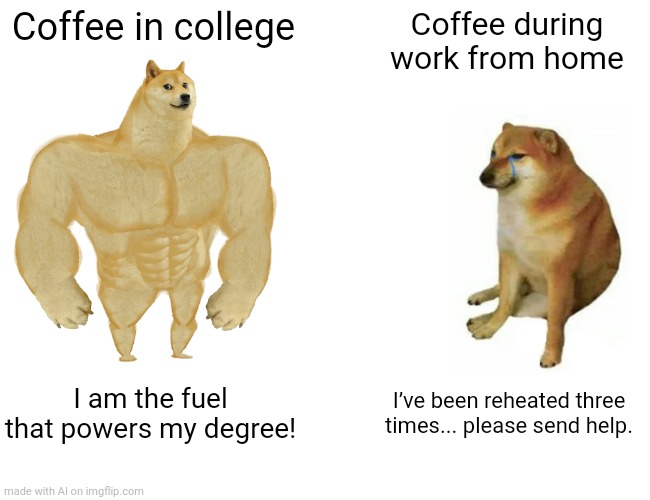 I Made A Meme About Coffee | Coffee in college; Coffee during work from home; I am the fuel that powers my degree! I’ve been reheated three times... please send help. | image tagged in memes,buff doge vs cheems,coffee | made w/ Imgflip meme maker