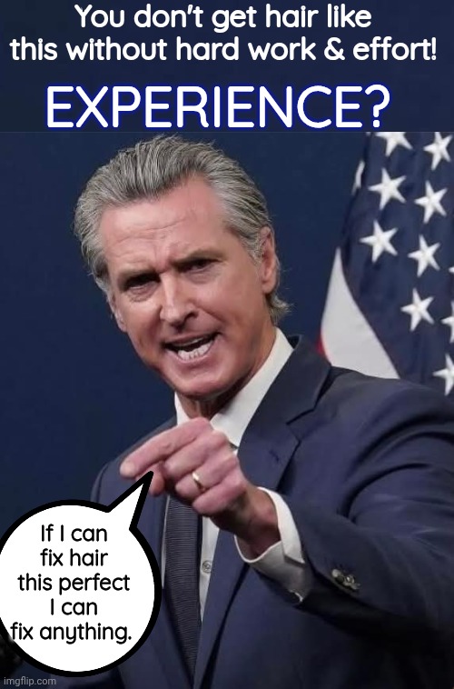 Gavin Newsom hairbag | You don't get hair like this without hard work & effort! EXPERIENCE? If I can fix hair this perfect I can fix anything. | image tagged in gavin newsom pompous and pointing,hair | made w/ Imgflip meme maker