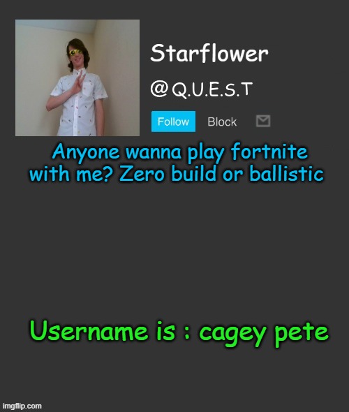 Starflower quest template | Anyone wanna play fortnite with me? Zero build or ballistic; Username is : cagey pete | image tagged in starflower quest template | made w/ Imgflip meme maker