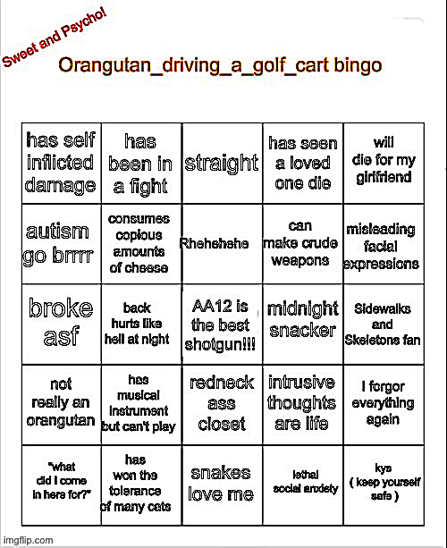 A bingo for you if you are bored like me | image tagged in orangutan_driving_a_golf_cart bingo | made w/ Imgflip meme maker