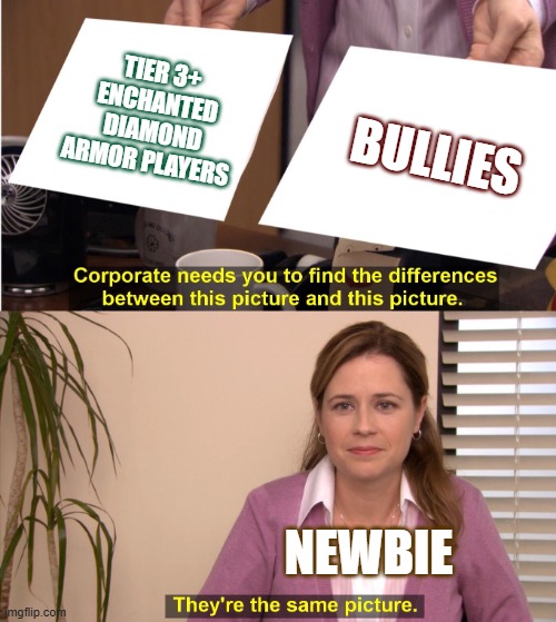 Bloxd.io Meme #1 | TIER 3+ ENCHANTED DIAMOND ARMOR PLAYERS; BULLIES; NEWBIE | image tagged in corporate wants you to find the difference | made w/ Imgflip meme maker