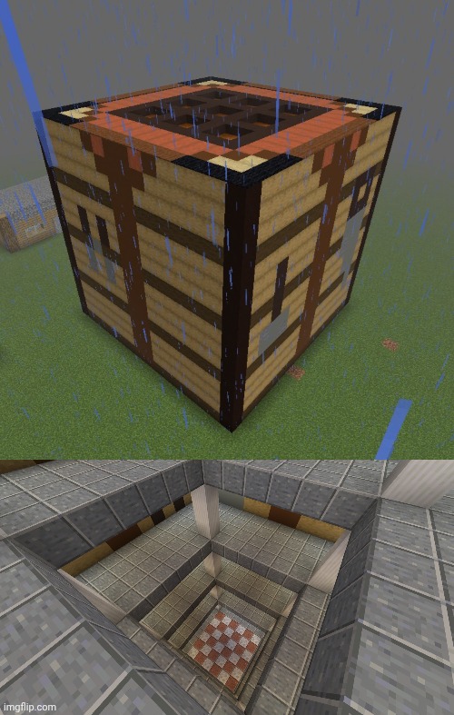 I built this giant crafting table base in creative and I need suggestions for what to put inside | made w/ Imgflip meme maker