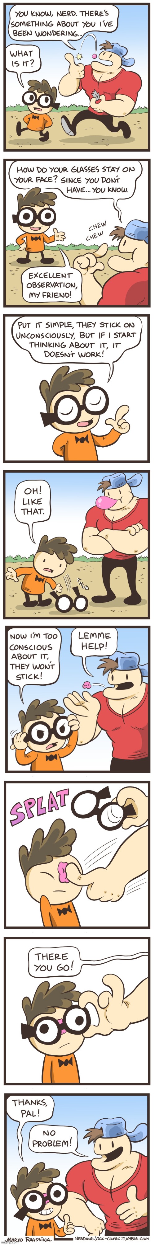 image tagged in nerd,jock,glasses,fall,stick,bubblegum | made w/ Imgflip meme maker
