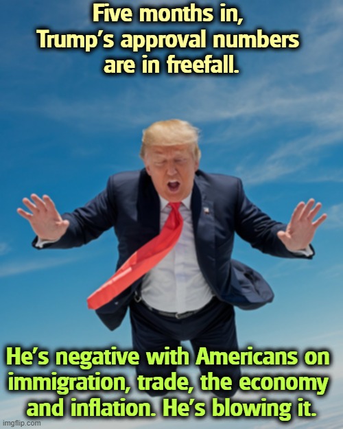 Trump's Project 2025 agenda is kryptonite to the American public. Does he expect to get away with it? His numbers are terrible. | Five months in, 
Trump's approval numbers 
are in freefall. He's negative with Americans on 
immigration, trade, the economy 
and inflation. He's blowing it. | image tagged in trump,incompetence,approval,polls,collapse,project 2025 | made w/ Imgflip meme maker
