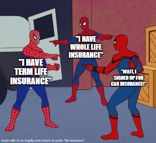 Spider Man Triple | "I HAVE WHOLE LIFE INSURANCE"; "I HAVE TERM LIFE INSURANCE"; "WAIT, I SIGNED UP FOR CAR INSURANCE!" | image tagged in spider man triple | made w/ Imgflip meme maker