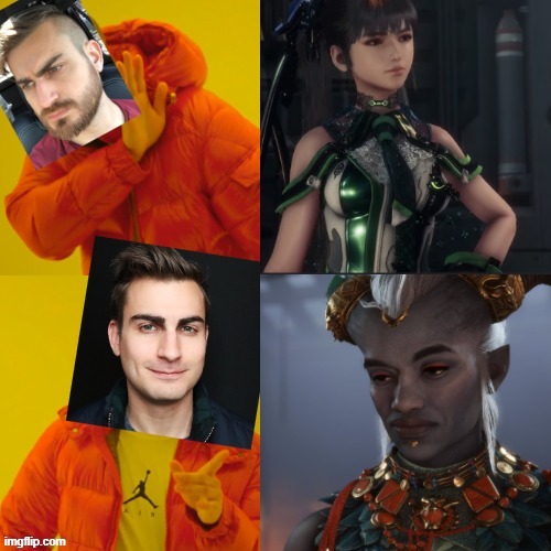 If Paul Tassi is a Drakeposting meme | image tagged in drakeposting,journalism,stellar blade,dragon age,woke,video games | made w/ Imgflip meme maker