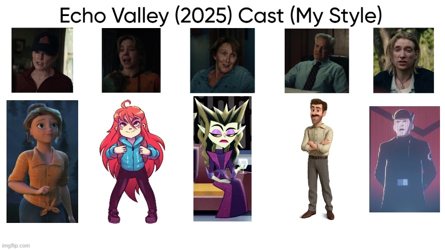 Echo Valley (2025) Cast (My Style) | image tagged in echo valley 2025 cast my style,meme,memes,spoof cast,echo valley,characters | made w/ Imgflip meme maker