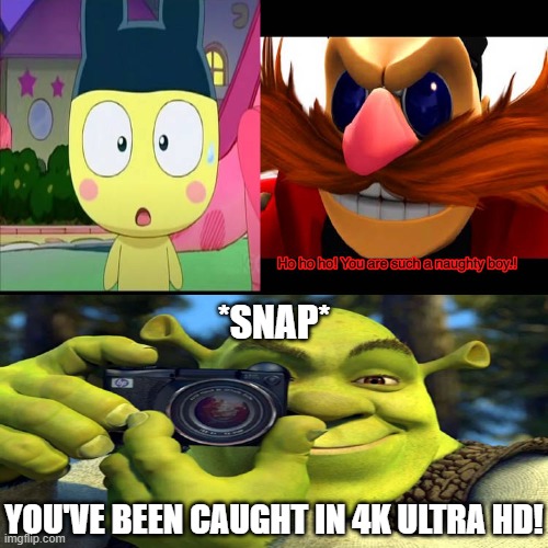 caught mametchi in 4K | *SNAP*; YOU'VE BEEN CAUGHT IN 4K ULTRA HD! | image tagged in ruin this fill in meme 64,deviantart,shrek,dr eggman,caught in 4k,cringe | made w/ Imgflip meme maker