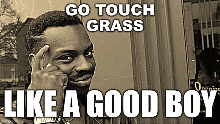 Roll Safe Think About It | GO TOUCH
  GRASS; LIKE A GOOD BOY | image tagged in memes,roll safe think about it | made w/ Imgflip meme maker