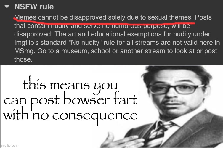 this means you can post bowser fart with no consequence | image tagged in robert downey jr's comments | made w/ Imgflip meme maker
