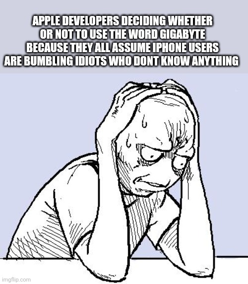 They kind of are though..... | APPLE DEVELOPERS DECIDING WHETHER OR NOT TO USE THE WORD GIGABYTE BECAUSE THEY ALL ASSUME IPHONE USERS ARE BUMBLING IDIOTS WHO DONT KNOW ANYTHING | image tagged in stressed meme,iphone,simple technology,apple | made w/ Imgflip meme maker