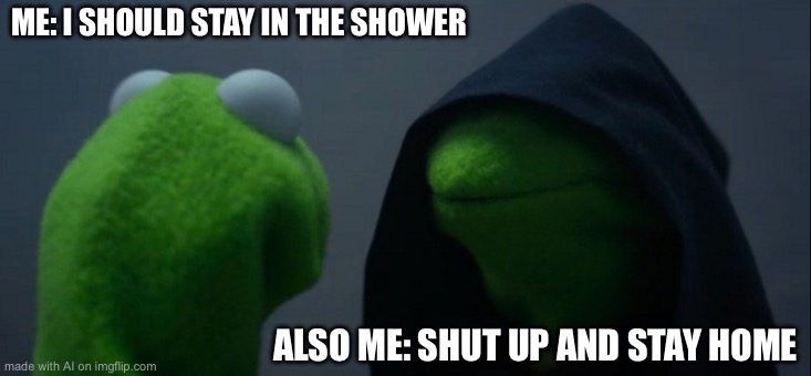 Evil Kermit | ME: I SHOULD STAY IN THE SHOWER; ALSO ME: SHUT UP AND STAY HOME | image tagged in memes,evil kermit | made w/ Imgflip meme maker