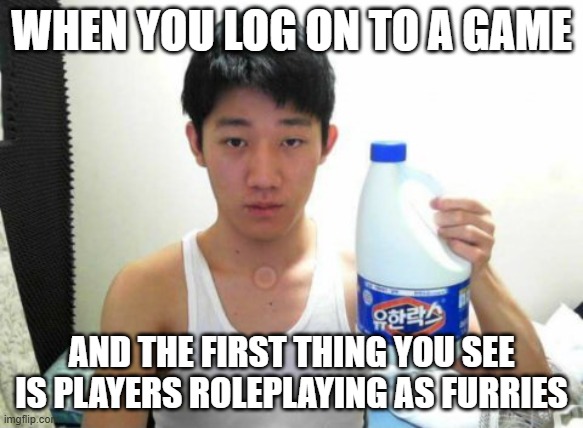 Angry Korean Gamer with Bleach | WHEN YOU LOG ON TO A GAME; AND THE FIRST THING YOU SEE IS PLAYERS ROLEPLAYING AS FURRIES | image tagged in angry korean gamer with bleach | made w/ Imgflip meme maker