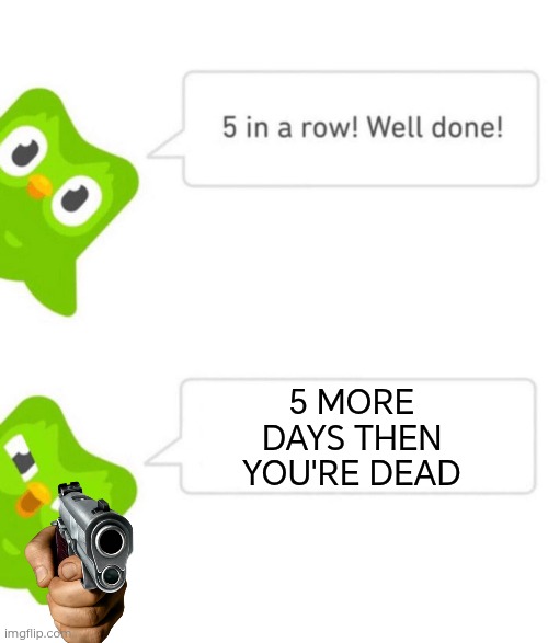 Meme | 5 MORE DAYS THEN YOU'RE DEAD | image tagged in duolingo 5 in a row | made w/ Imgflip meme maker