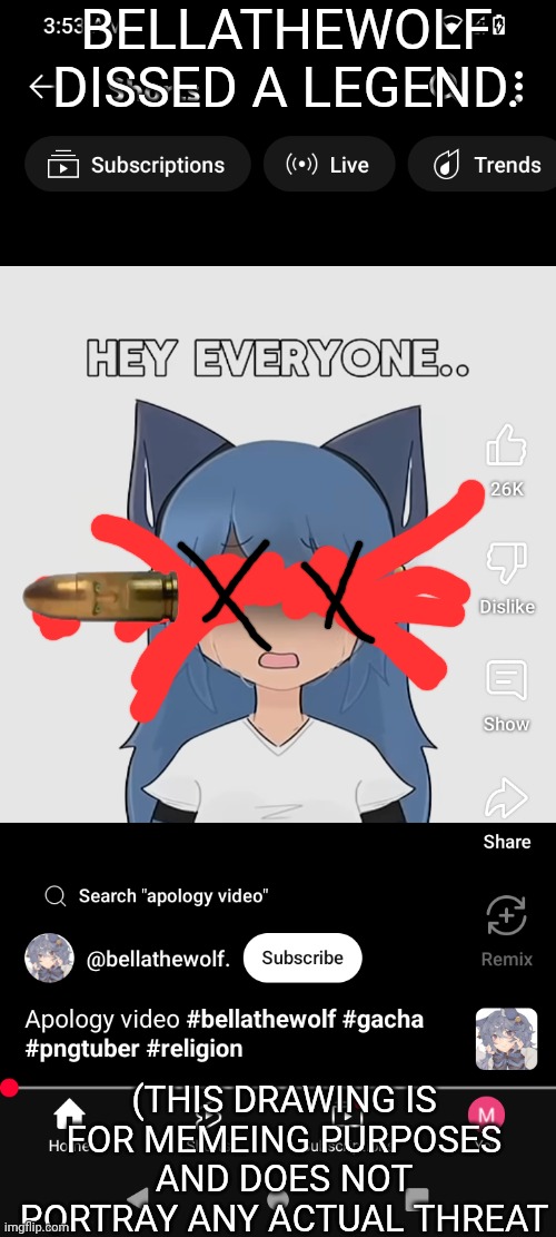 bella the wolf hate art (NSFW warning) | BELLATHEWOLF DISSED A LEGEND. (THIS DRAWING IS FOR MEMEING PURPOSES AND DOES NOT PORTRAY ANY ACTUAL THREAT | made w/ Imgflip meme maker