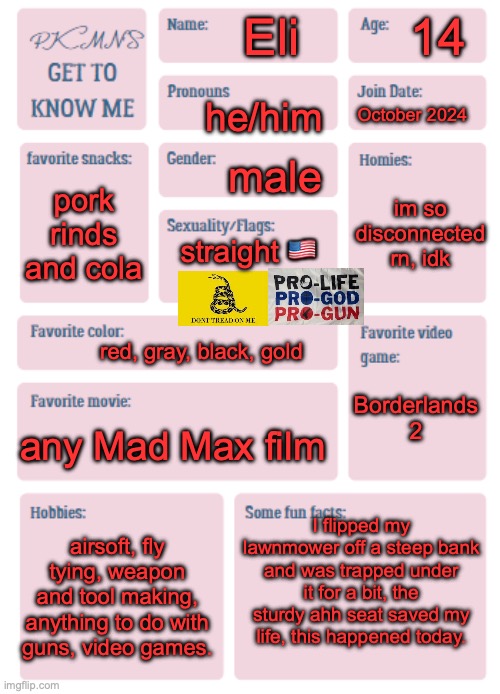 did this one bcuz I was bored. | 14; Eli; he/him; October 2024; male; pork rinds and cola; im so disconnected rn, idk; straight 🇺🇸; red, gray, black, gold; Borderlands 2; any Mad Max film; I flipped my lawnmower off a steep bank and was trapped under it for a bit, the sturdy ahh seat saved my life, this happened today. airsoft, fly tying, weapon and tool making, anything to do with guns, video games. | image tagged in pkmn's get to know me | made w/ Imgflip meme maker