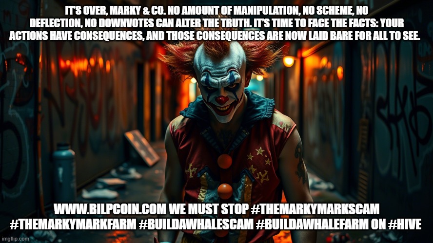 IT’S OVER, MARKY & CO. NO AMOUNT OF MANIPULATION, NO SCHEME, NO DEFLECTION, NO DOWNVOTES CAN ALTER THE TRUTH. IT’S TIME TO FACE THE FACTS: YOUR ACTIONS HAVE CONSEQUENCES, AND THOSE CONSEQUENCES ARE NOW LAID BARE FOR ALL TO SEE. WWW.BILPCOIN.COM WE MUST STOP #THEMARKYMARKSCAM #THEMARKYMARKFARM #BUILDAWHALESCAM #BUILDAWHALEFARM ON #HIVE | made w/ Imgflip meme maker