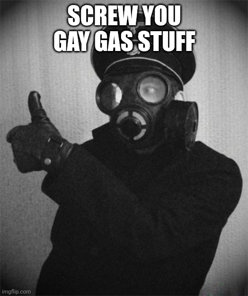 gas masked nazi | SCREW YOU GAY GAS STUFF | image tagged in gas masked nazi | made w/ Imgflip meme maker