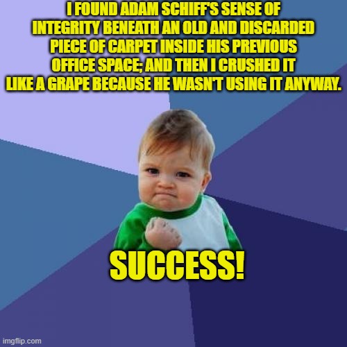 Hopefully the kid won't need a tetanus shot now. | I FOUND ADAM SCHIFF'S SENSE OF INTEGRITY BENEATH AN OLD AND DISCARDED PIECE OF CARPET INSIDE HIS PREVIOUS OFFICE SPACE; AND THEN I CRUSHED IT LIKE A GRAPE BECAUSE HE WASN'T USING IT ANYWAY. SUCCESS! | image tagged in success kid | made w/ Imgflip meme maker