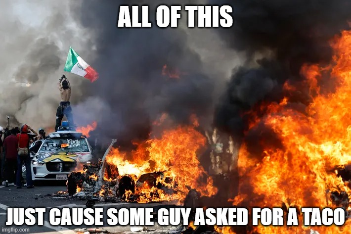 Another Riot in LA | ALL OF THIS; JUST CAUSE SOME GUY ASKED FOR A TACO | image tagged in dark humor | made w/ Imgflip meme maker