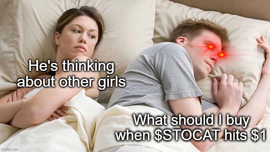 Stoopid Cats > Women | He's thinking about other girls; What should I buy when $STOCAT hits $1 | image tagged in memes,i bet he's thinking about other women,crypto meme,crypto,stoopid cats | made w/ Imgflip meme maker