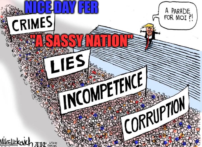 "A Sassy Nation" | NICE DAY FER; "A SASSY NATION" | image tagged in trump,parade,usa hole | made w/ Imgflip meme maker