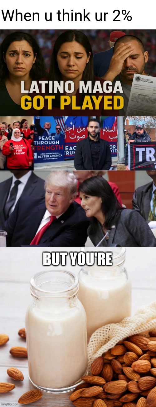 No you've gotta FO. And it's sad. It's funny. But also sad. | When u think ur 2%; BUT YOU'RE | image tagged in milk,sad,politics lol | made w/ Imgflip meme maker