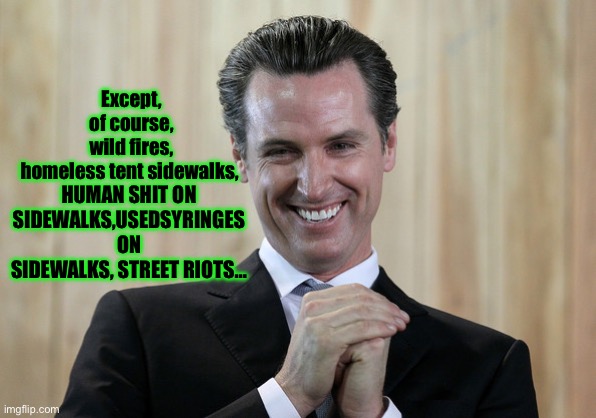 Scheming Gavin Newsom  | Except, of course, wild fires, homeless tent sidewalks, HUMAN SHIT ON SIDEWALKS,USEDSYRINGES ON SIDEWALKS, STREET RIOTS… | image tagged in scheming gavin newsom | made w/ Imgflip meme maker
