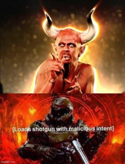 image tagged in scared devil,doomguy shotgun | made w/ Imgflip meme maker