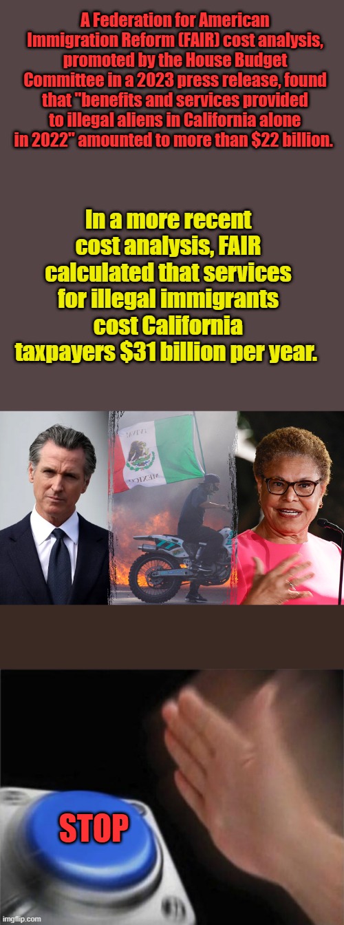 Proably 1 Half of those monies go back to Mexico thru crooked NGOs.. Follow the money | A Federation for American Immigration Reform (FAIR) cost analysis, promoted by the House Budget Committee in a 2023 press release, found that "benefits and services provided to illegal aliens in California alone in 2022" amounted to more than $22 billion. In a more recent cost analysis, FAIR calculated that services for illegal immigrants cost California taxpayers $31 billion per year. STOP | image tagged in memes,blank nut button | made w/ Imgflip meme maker