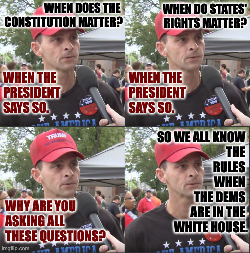 The rule of rules. | WHEN DOES THE 
CONSTITUTION MATTER? WHEN DO STATES'
RIGHTS MATTER? WHEN THE
PRESIDENT
SAYS SO. WHEN THE
PRESIDENT
SAYS SO. SO WE ALL KNOW 
THE 
RULES 
WHEN 
THE DEMS 
ARE IN THE 
WHITE HOUSE. WHY ARE YOU
ASKING ALL
THESE QUESTIONS? | image tagged in memes,trump supporter four panel,rule of rules | made w/ Imgflip meme maker