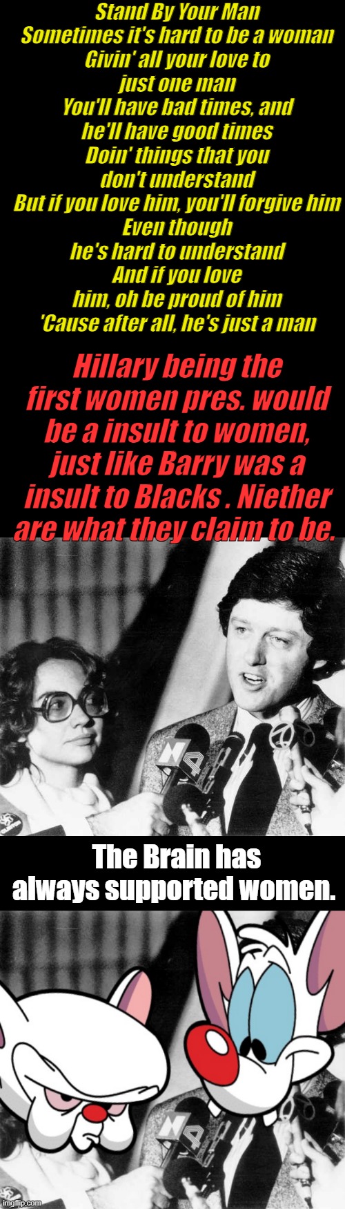 Bill has always been a horn dog & Hillary has always covered for him. Because she has so much to hide herself. | Stand By Your Man

Sometimes it's hard to be a woman
Givin' all your love to just one man
You'll have bad times, and he'll have good times
Doin' things that you don't understand
But if you love him, you'll forgive him
Even though he's hard to understand
And if you love him, oh be proud of him
'Cause after all, he's just a man; Hillary being the first women pres. would be a insult to women, just like Barry was a insult to Blacks . Niether are what they claim to be. The Brain has always supported women. | made w/ Imgflip meme maker