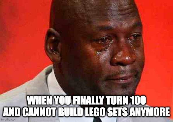 crying michael jordan | WHEN YOU FINALLY TURN 100 AND CANNOT BUILD LEGO SETS ANYMORE | image tagged in crying michael jordan | made w/ Imgflip meme maker