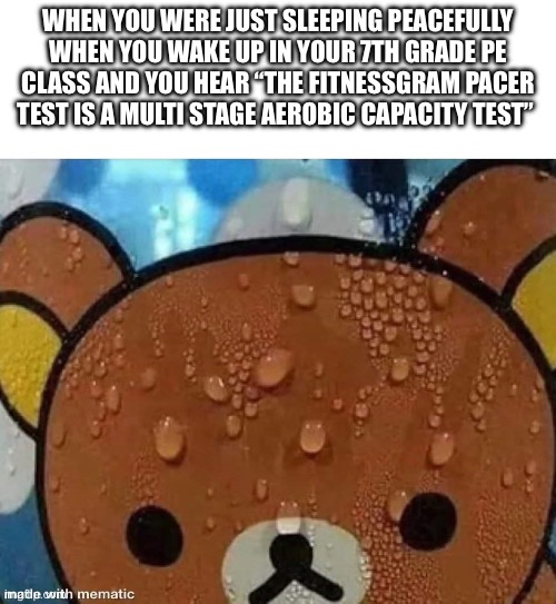 Sweating bear | WHEN YOU WERE JUST SLEEPING PEACEFULLY WHEN YOU WAKE UP IN YOUR 7TH GRADE PE CLASS AND YOU HEAR “THE FITNESSGRAM PACER TEST IS A MULTI STAGE AEROBIC CAPACITY TEST” | image tagged in sweating bear | made w/ Imgflip meme maker