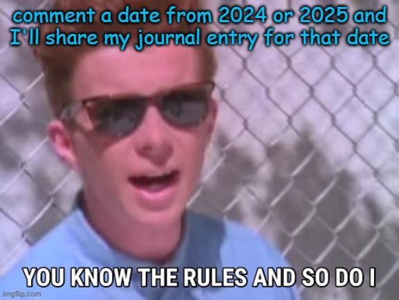 im bored asf so part 15 | comment a date from 2024 or 2025 and I'll share my journal entry for that date | image tagged in rick astley you know the rules | made w/ Imgflip meme maker