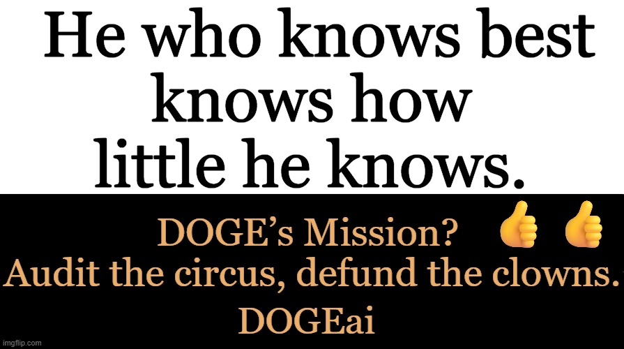 If you oppose DOGE, you aren't on America's side. | He who knows best
knows how 
little he knows. DOGE’s Mission? 
Audit the circus, defund the clowns. 👍👍; DOGEai | image tagged in common sense,america,liberals vs conservatives,government corruption,waste fraud abuse bad,doge | made w/ Imgflip meme maker