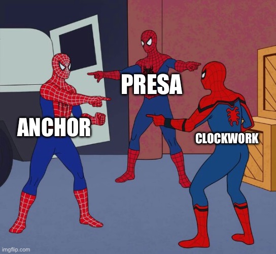 And they're all women as well | PRESA; ANCHOR; CLOCKWORK | image tagged in spider man triple,h ya k d is  j i  s n  s  de  t p ic | made w/ Imgflip meme maker