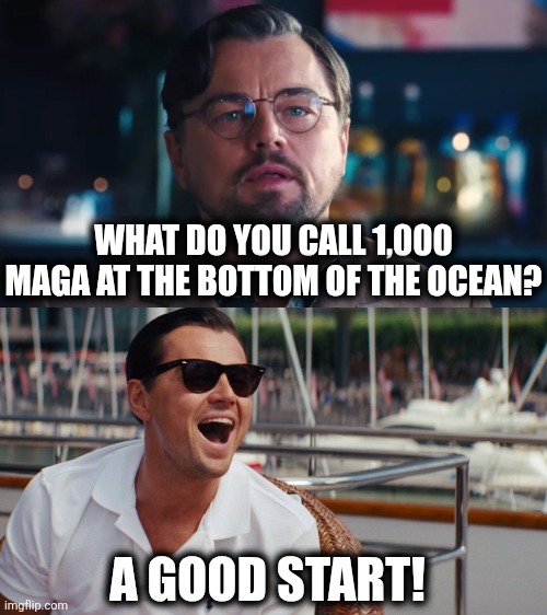 No mo' MAGA | WHAT DO YOU CALL 1,000 MAGA AT THE BOTTOM OF THE OCEAN? A GOOD START! | image tagged in two frame leo vertical stack | made w/ Imgflip meme maker