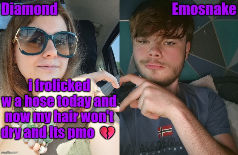 Diamond and ES shared couple temp | i frolicked w a hose today and now my hair won't dry and its pmo 💔 | image tagged in diamond and es shared couple temp | made w/ Imgflip meme maker