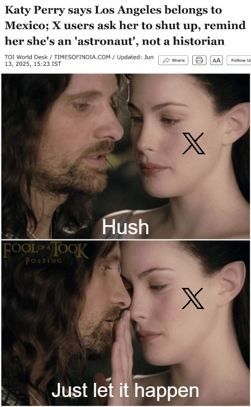 Hush; Just let it happen | image tagged in arwen hushing aragorn,funny,los angeles,katy perry,celebrities | made w/ Imgflip meme maker