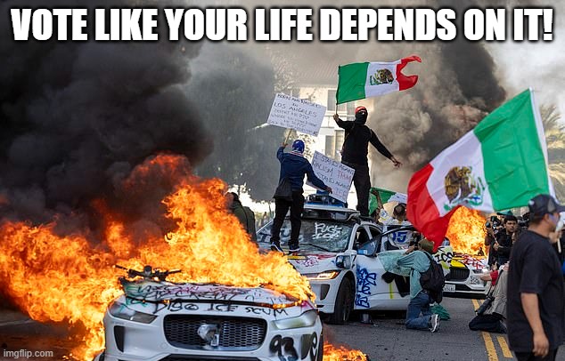 Do we really want these people setting our immigration policy? | VOTE LIKE YOUR LIFE DEPENDS ON IT! | image tagged in la riots,donald trump,joe biden | made w/ Imgflip meme maker